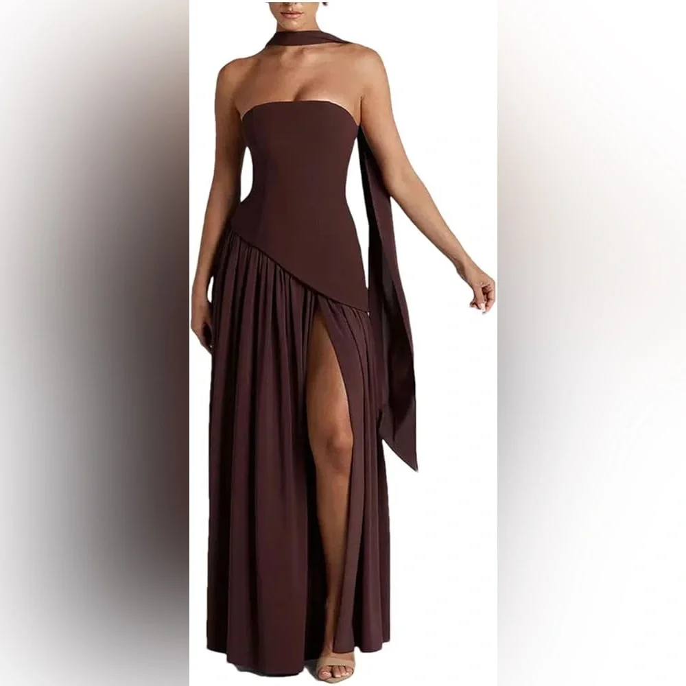NWT, Elegant Chocolate Brown Strapless Dress With Scarf / Shoulder Cover‎